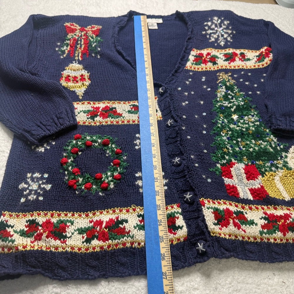 Vintage Casual Corner Blue  Holiday Christmas‎ Cardigan Sweater Large Knit - Picture 14 of 16